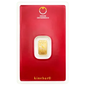 Austrian Mint 1 gram gold bar Kinebar in blister packaging – premium quality investment product"
