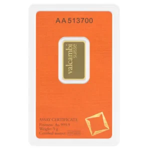 Valcambi 5 gram gold bar in blister packaging (back view) – premium quality investment product