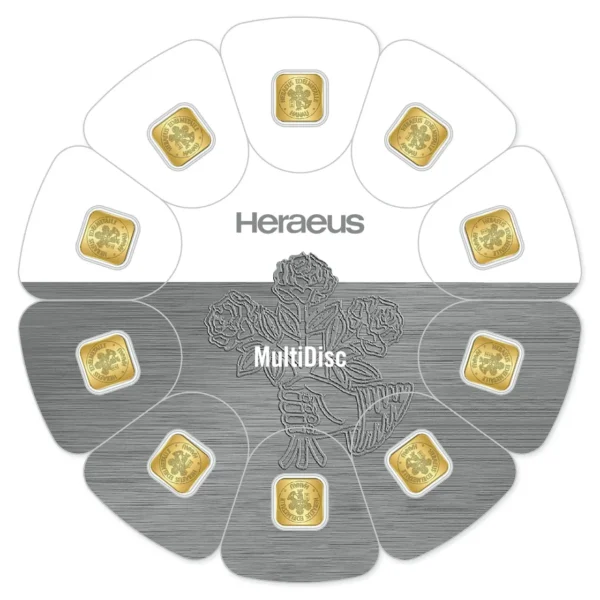 Мултидиск със златни кюлчета Heraeus 10 x 1 грам с десет секции за лесно отделяне – висококачествен инвестиционен продукт