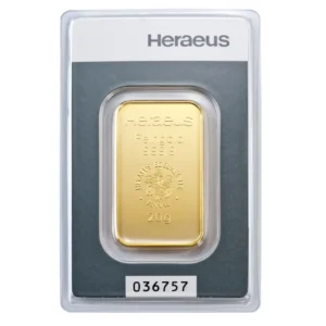 Heraeus 20 gram gold bar in blister packaging – premium quality investment product